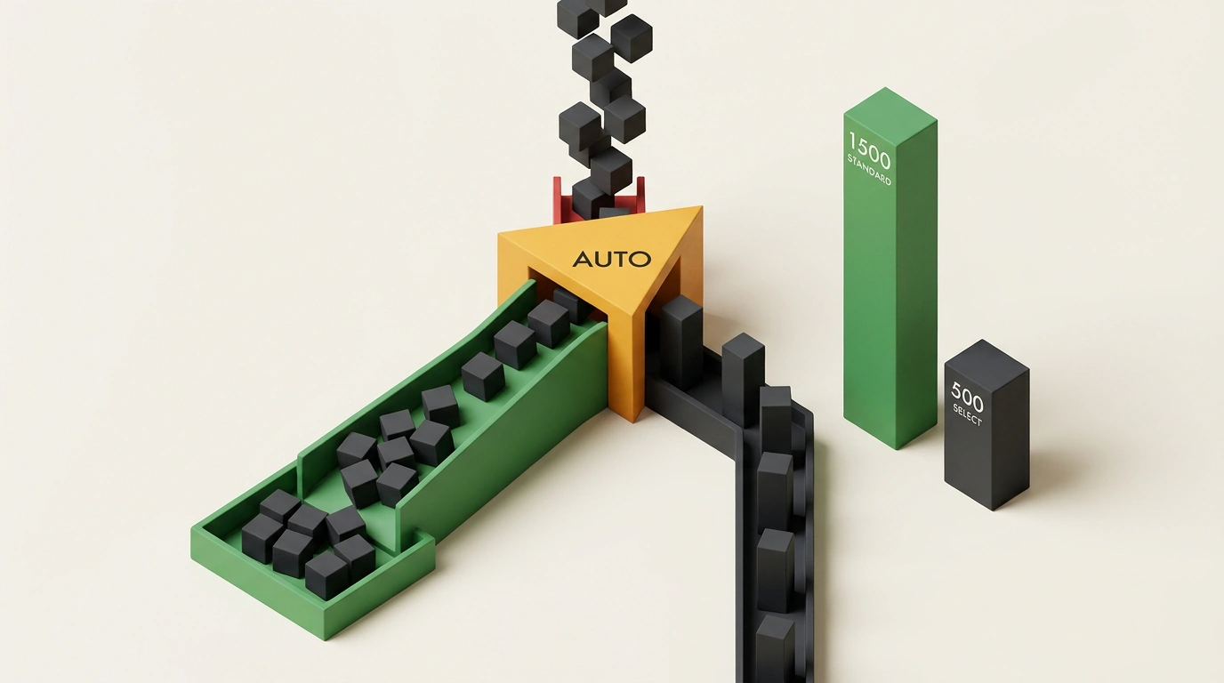 Геометрическая модульная инсталляция в стиле Bauhaus с призмой роутера AUTO и двумя калиброванными шкалами кредитов 1500 Standard и 500 Select.