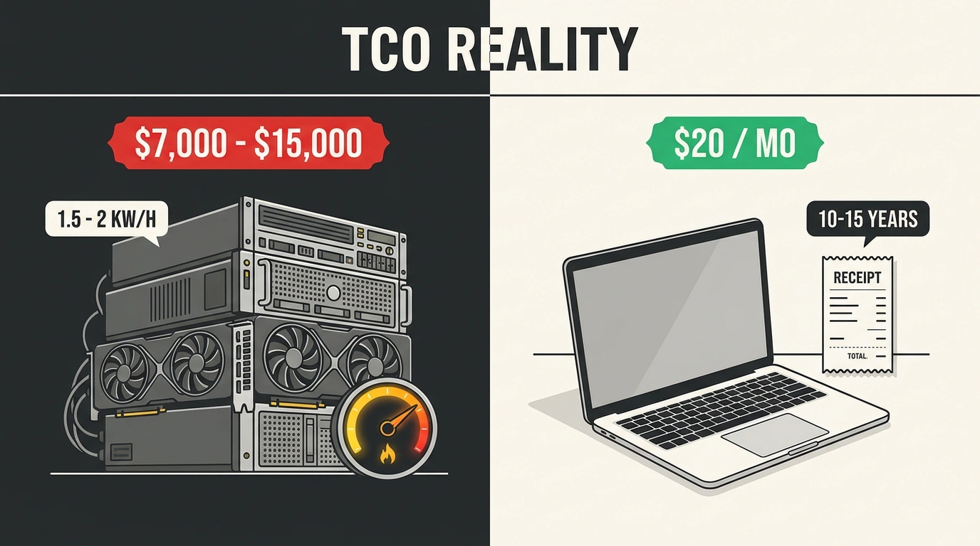 Финансово-техническая сравнительная диаграмма TCO: расходы на домашнюю ферму до $15,000 против подписки на облачные API.