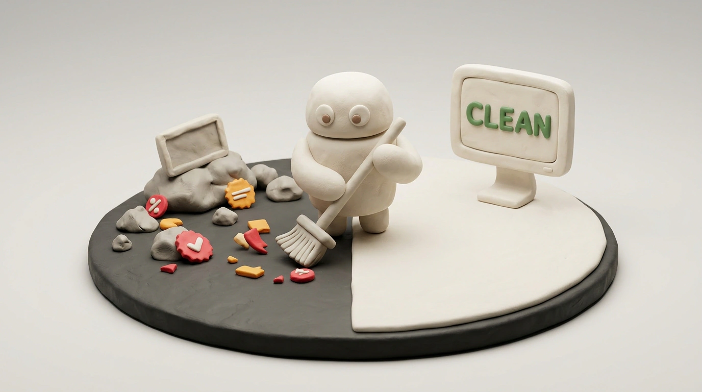 Очаровательная глиняная диорама в стиле Claymation с маленьким светлым роботом-помощником, сметающим цифровой рекламный мусор с чистого стола.