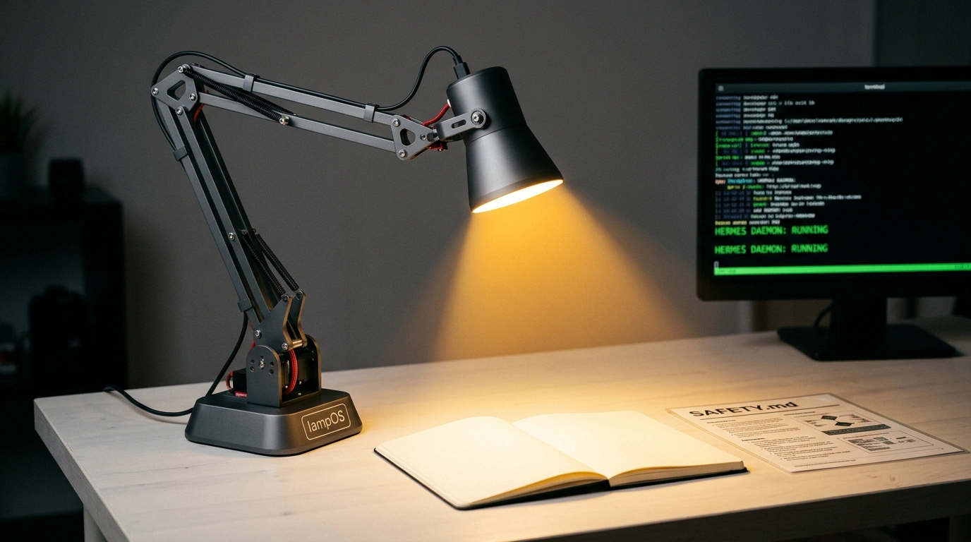Концептуальный снимок в стиле репортажной сцены: роботизированная лампа Autonomous Lamp на рабочем столе с файлами lampOS и SAFETY.md.