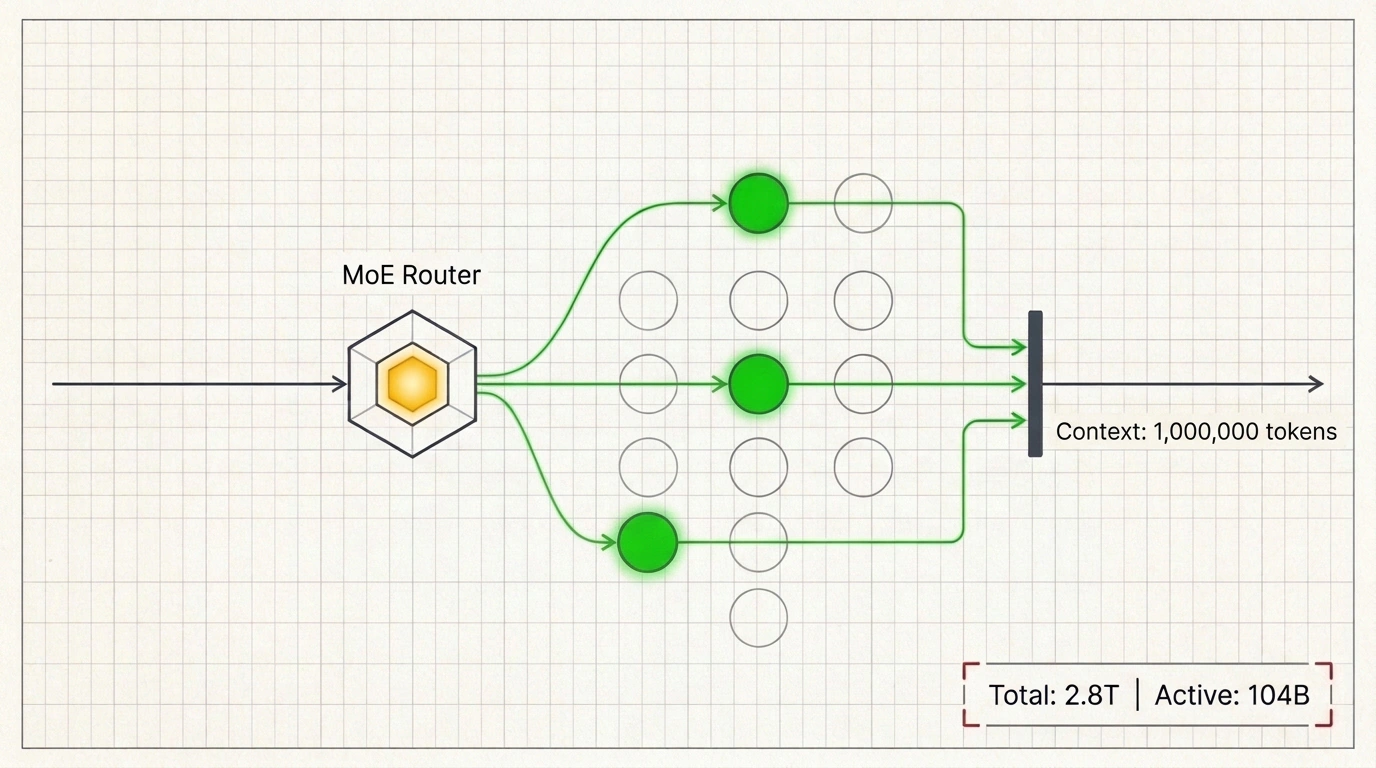 Архитектурная схема разреженной маршрутизации Kimi K3.1 Pro с активацией трех экспертов из массива кластеров.