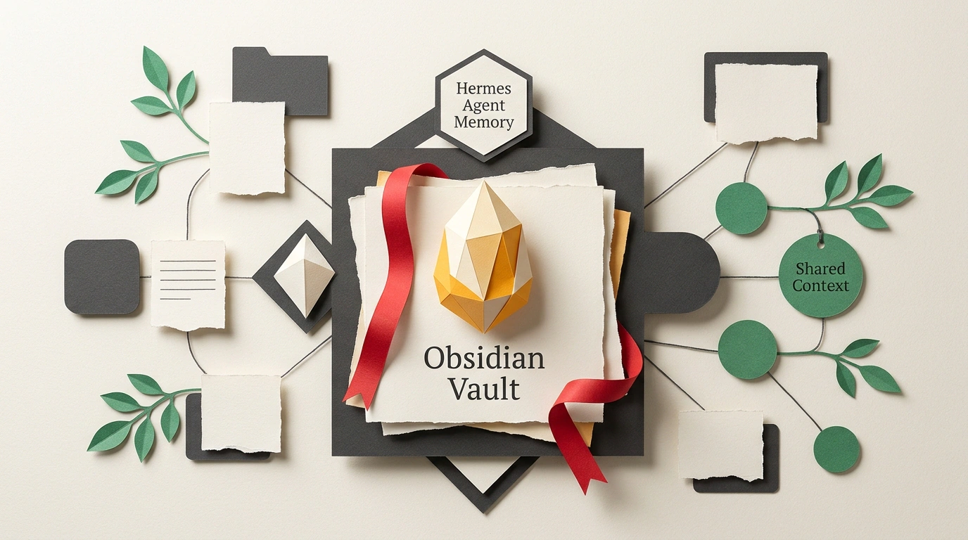 Бумажный коллаж и Mixed Media с графом связанных заметок Obsidian Vault и кристаллическим ядром памяти Hermes Agent.