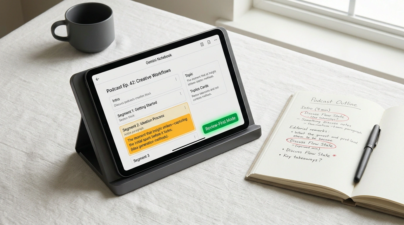 Предметный натюрморт с планшетом, отображающим режим Review-First в Gemini Notebook, и бумажным сценарием подкаста.