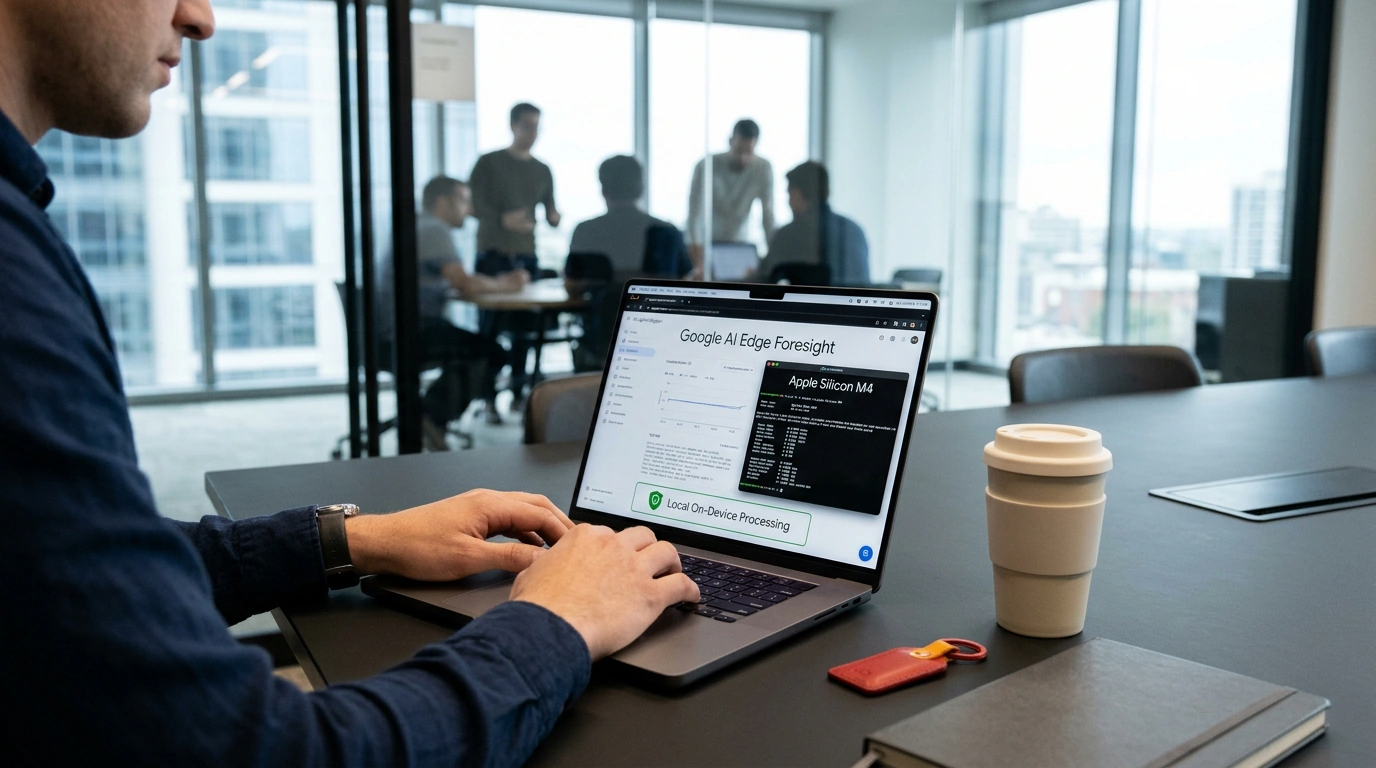 Репортажная сцена в переговорной комнате с ноутбуком MacBook Pro, работающим с локальным демоном Google AI Edge Foresight.