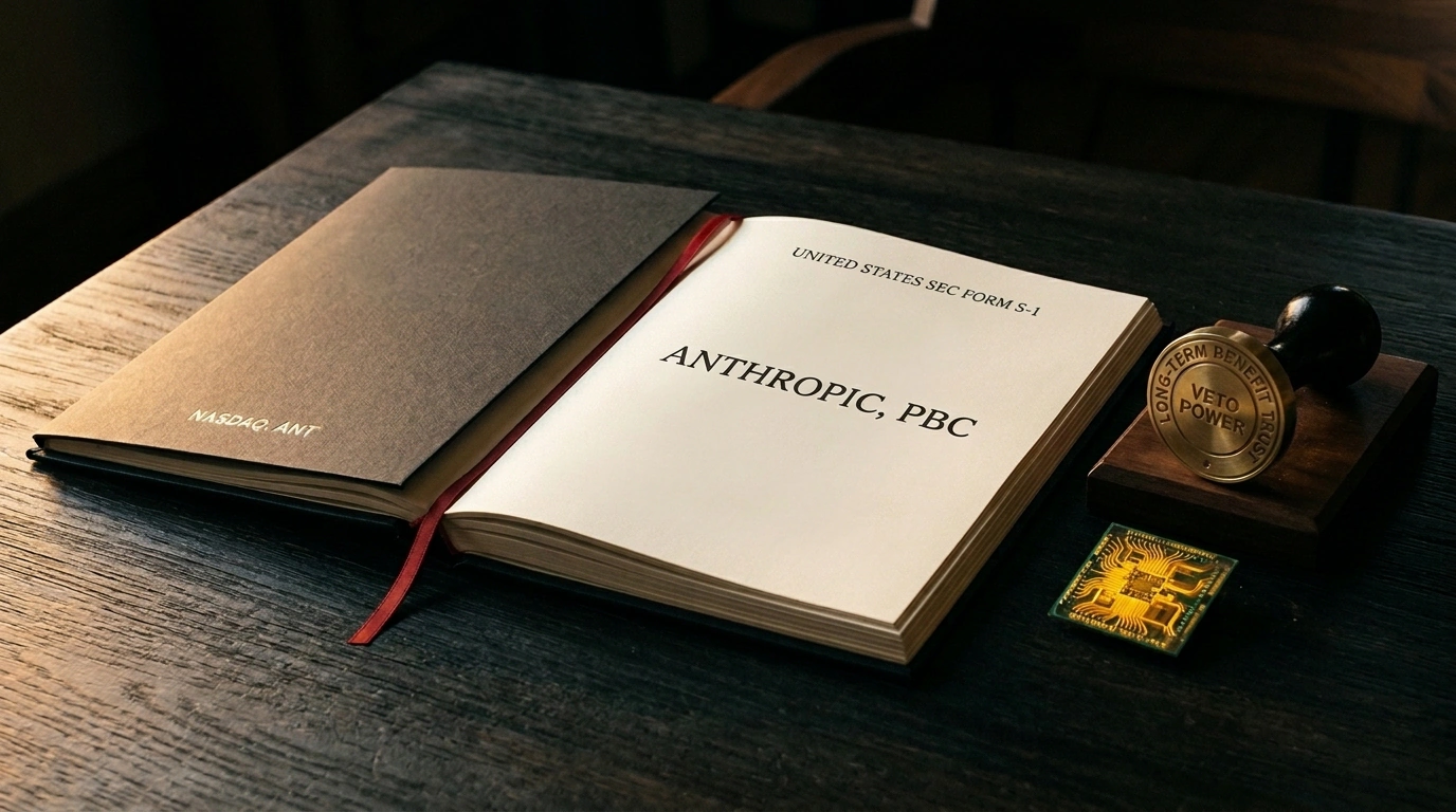 Кинематографичный натюрморт официального досье SEC формы S-1 компании Anthropic с латунной печатью траста LTBT на столе из темного дерева