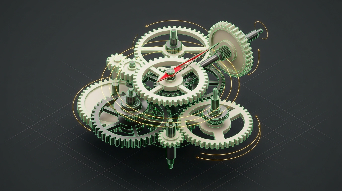 Изометрическая сцена Three.js с процедурным каркасом механических часов и шестеренками на темном графитовом фоне