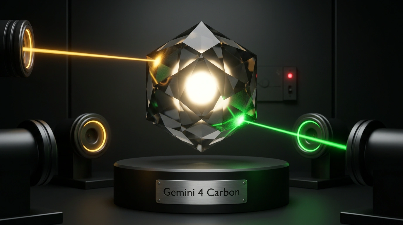 Футуристический кристаллический кристалл Gemini 4 Carbon на испытательном пьедестале под лучами спектрального света.