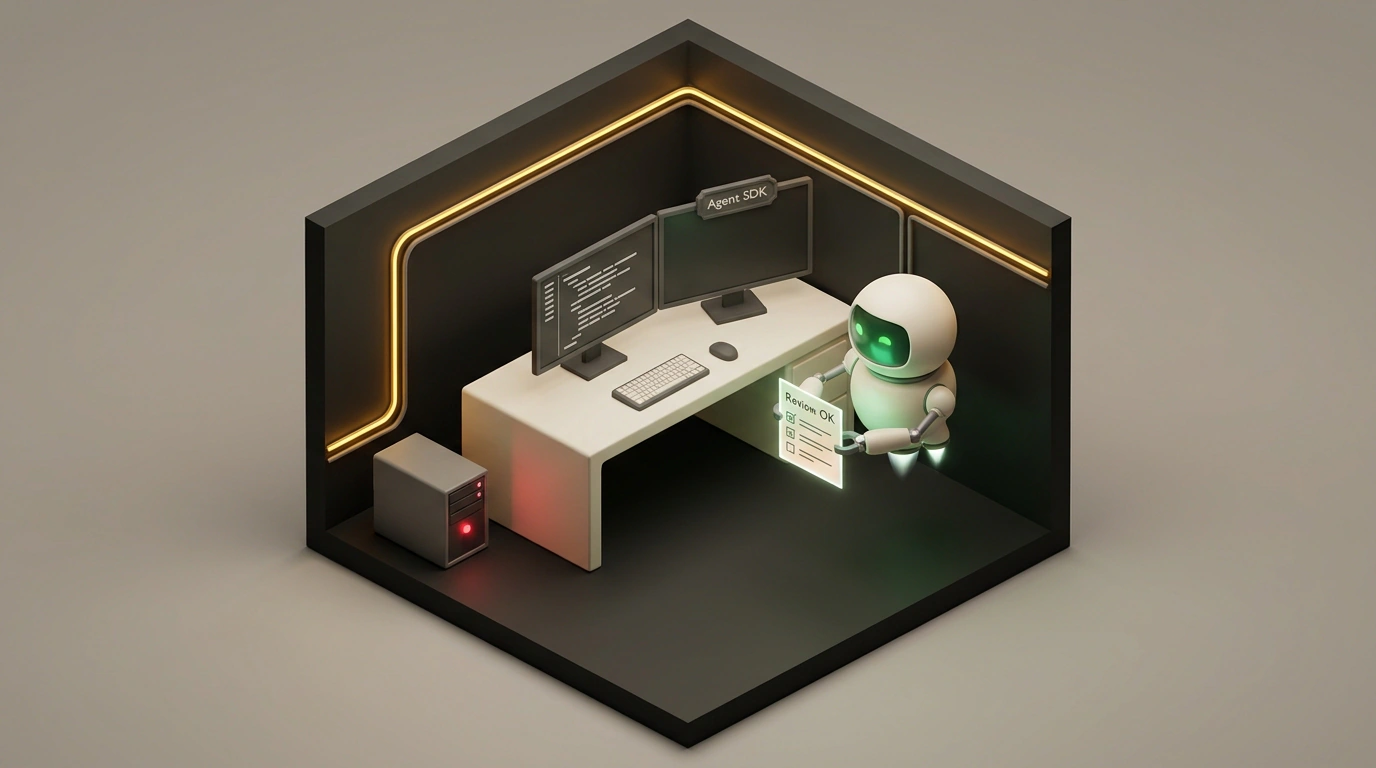 Изометрическая диорама рабочего места программиста с терминалом Cursor Agent SDK и автономным роботом-ревизором кода.