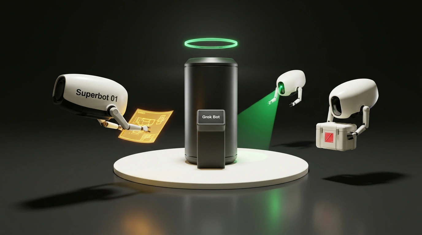 Футуристическая станция координации Superbots с центральным терминалом платформы Grok Bot и парящими дронами-воркерами.