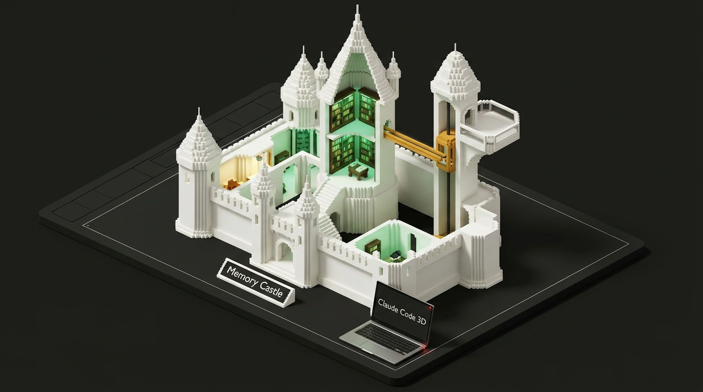 Архитектурный чертеж и 3D-воксельная проекция виртуального замка памяти, реконструированного через Claude Code.