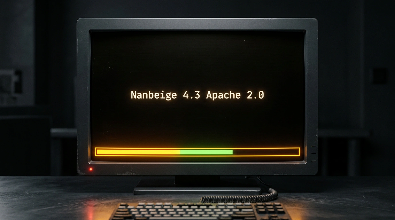 Терминальный монохромный монитор с запущенным Linux-агентом Nanbeige 4.3 и схемой контекстного окна.