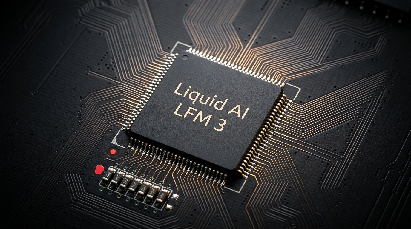 Микрочип жидкой нейросети Liquid AI на кремниевой плате с оптимизированной гибридной архитектурой.