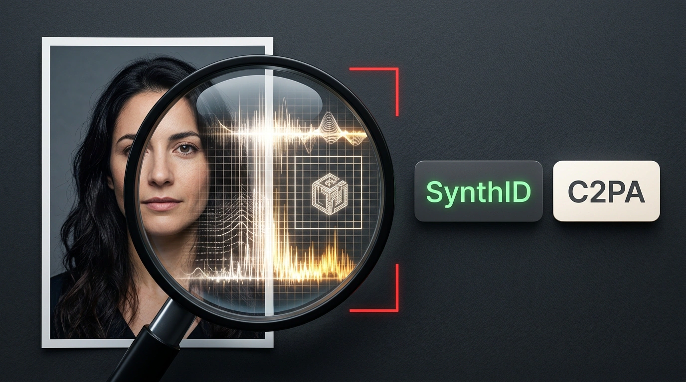 Цифровая лупа спектрального анализа, выявляющая водяные знаки SynthID и сертификат C2PA на медиафайле.