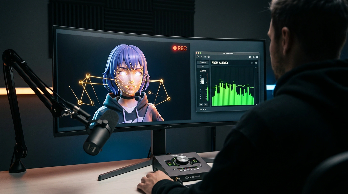 Виртуальная студия создания Vtuber-контента с 3D-аватаром, захватом движения и звуковым интерфейсом.