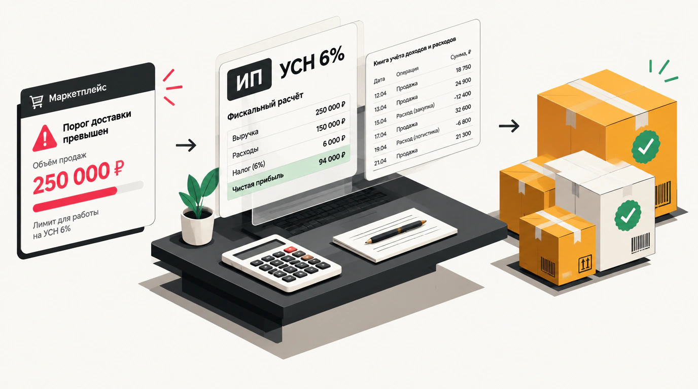 Иллюстрация перехода продавцов классифайда на легальный статус с расчетом налогов, документами ИП и контролем доставки.