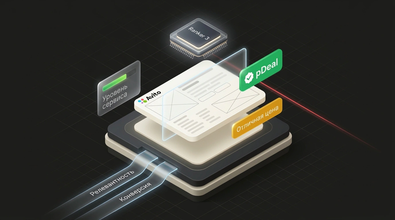 Объемная изометрическая 3D-иллюстрация алгоритма Ranker 3 для Авито со сканируемой карточкой товара, метриками вероятности сделки и лучами многофакторного анализа.