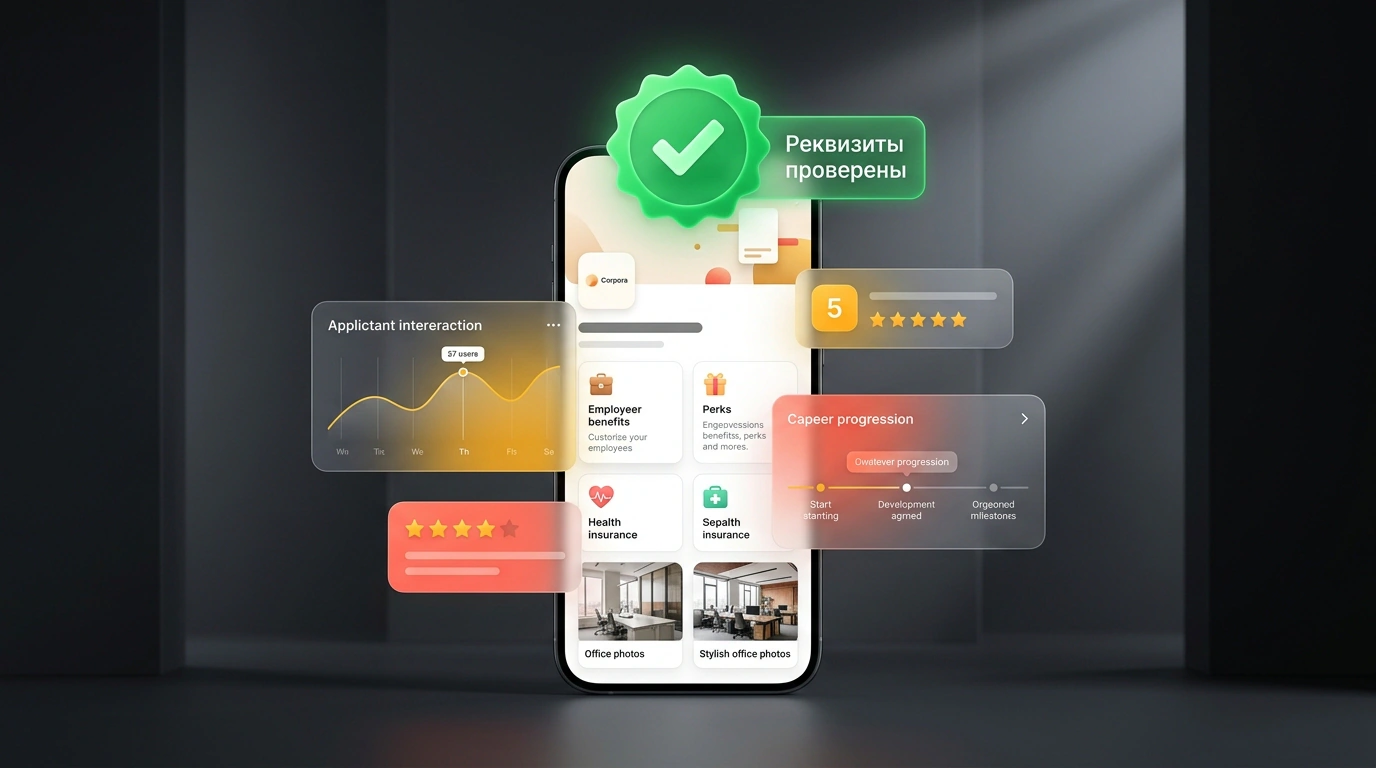 Модульная витрина страницы бренда работодателя на экранах смартфонов с блоками корпоративных преимуществ и бейджем проверки