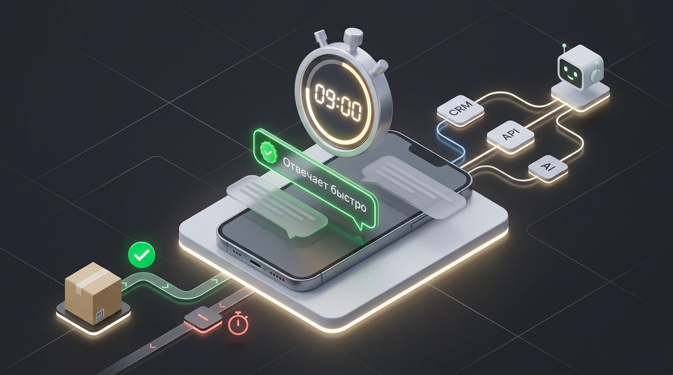 Изометрическая сцена скорости ответа в чатах Авито с таймером на 9 минут, входящими диалогами и бейджем быстрого ответа