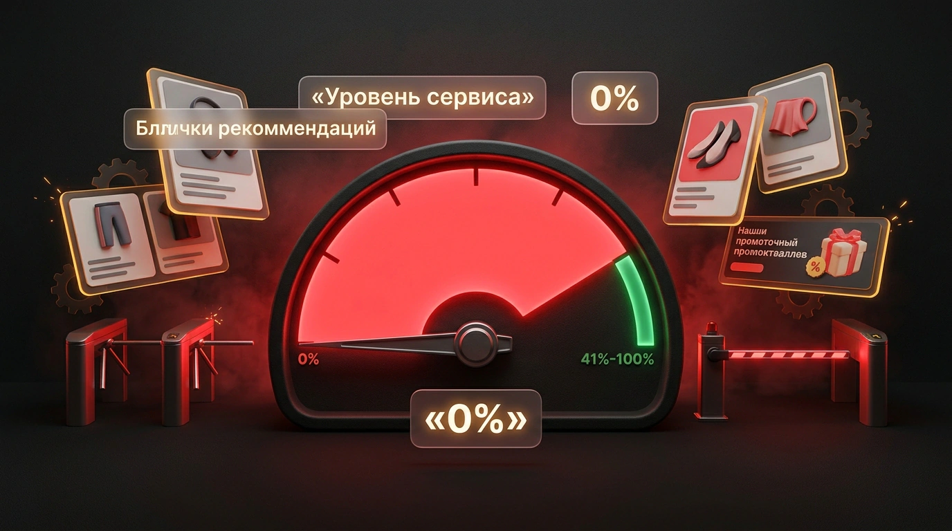 Индикатор уровня сервиса Авито на нуле в красной зоне на фоне заблокированных карточек товаров и предупреждающих знаков