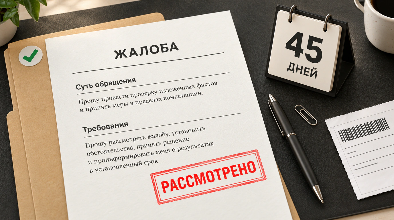 Рабочий стол с официальным бланком обращения, штемпелем рассмотрения и таймером срока модерации на сорок пять дней.