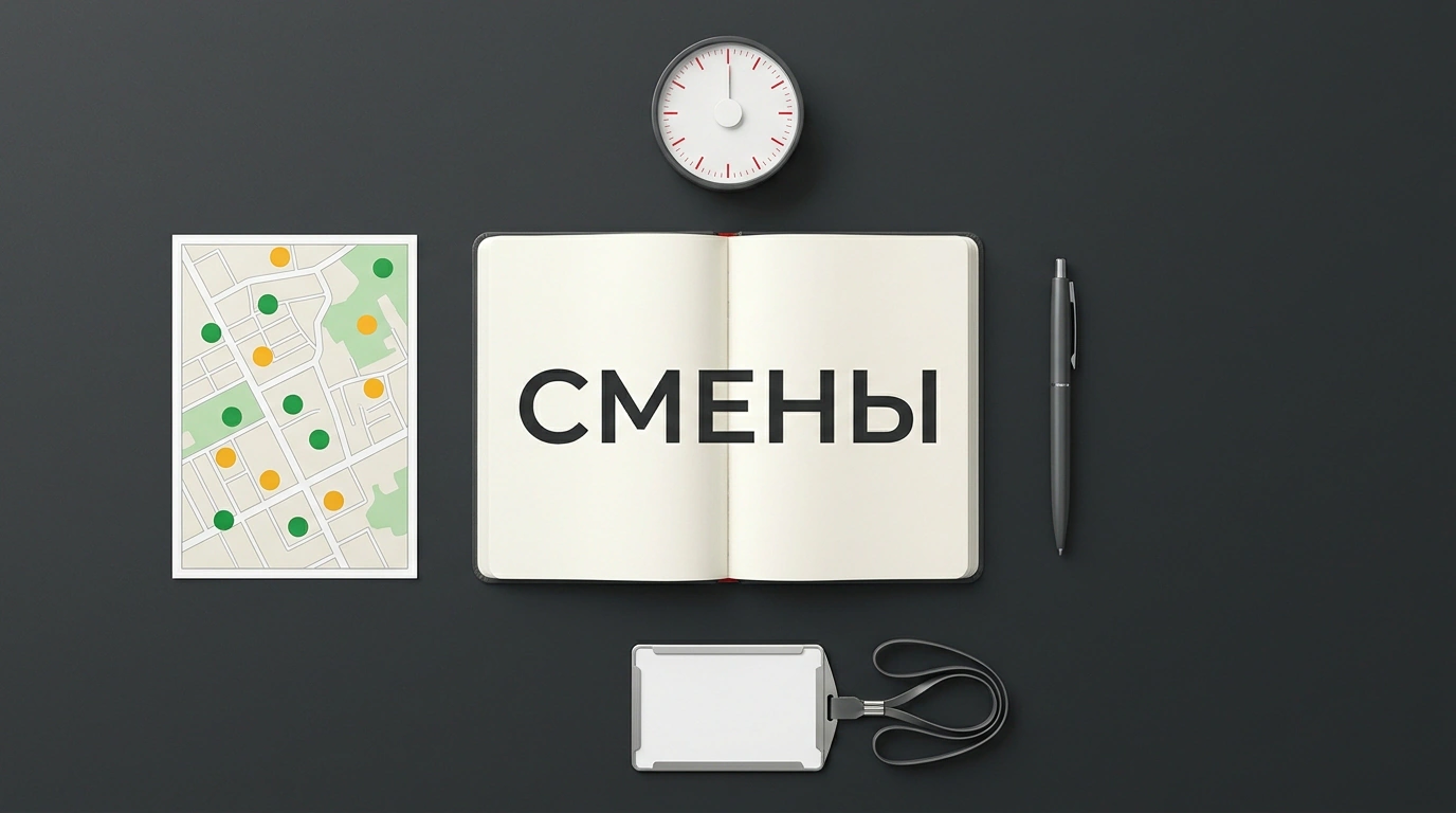Вид сверху на рабочий стол координатора смен с ежедневником, таймером и картой городских локаций.
