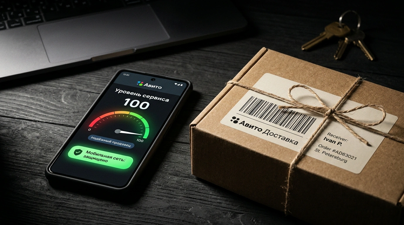 Смартфон на столе с индикатором безопасности и экраном статуса уровня сервиса продавца
