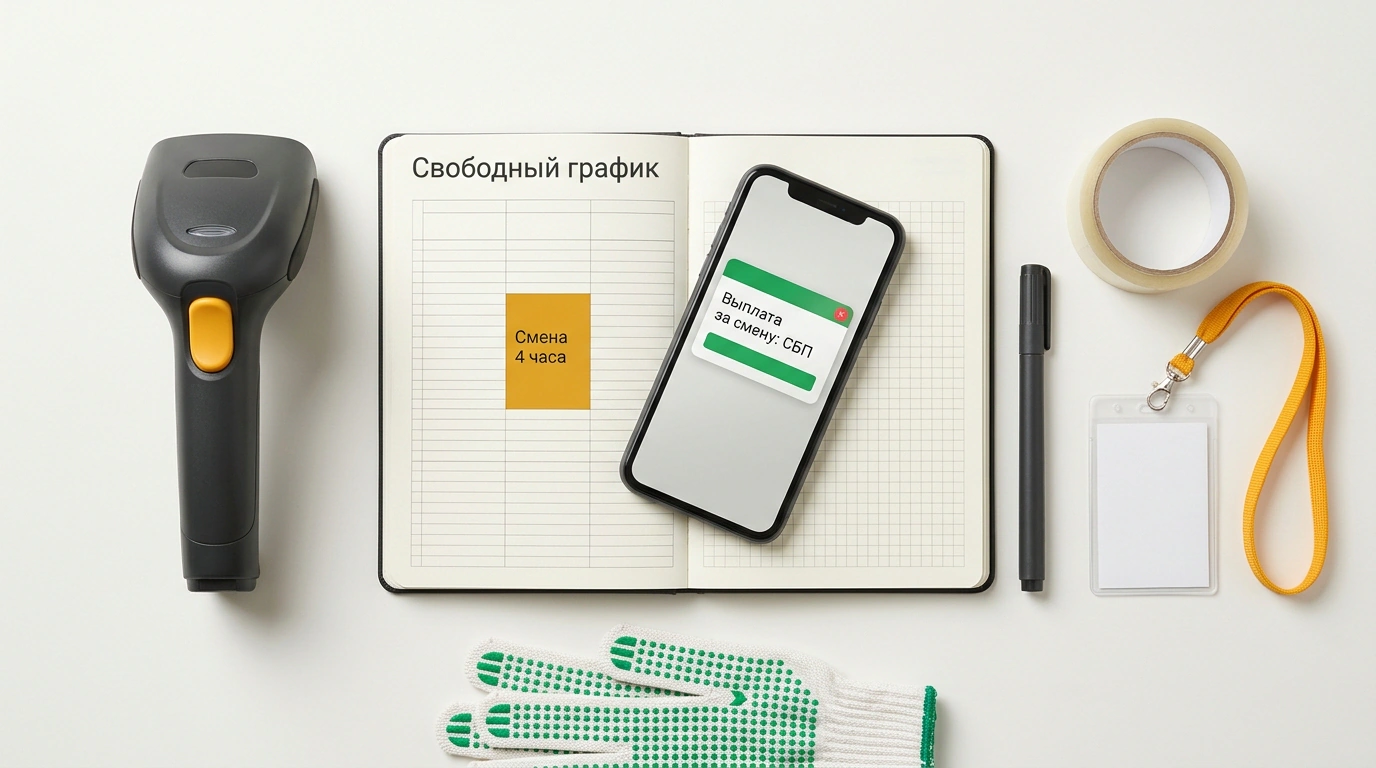 Плоский вид сверху на рабочем столе с планировщиком смен, смартфоном с уведомлением о моментальной выплате через СБП и атрибутами комплектовщика заказов.
