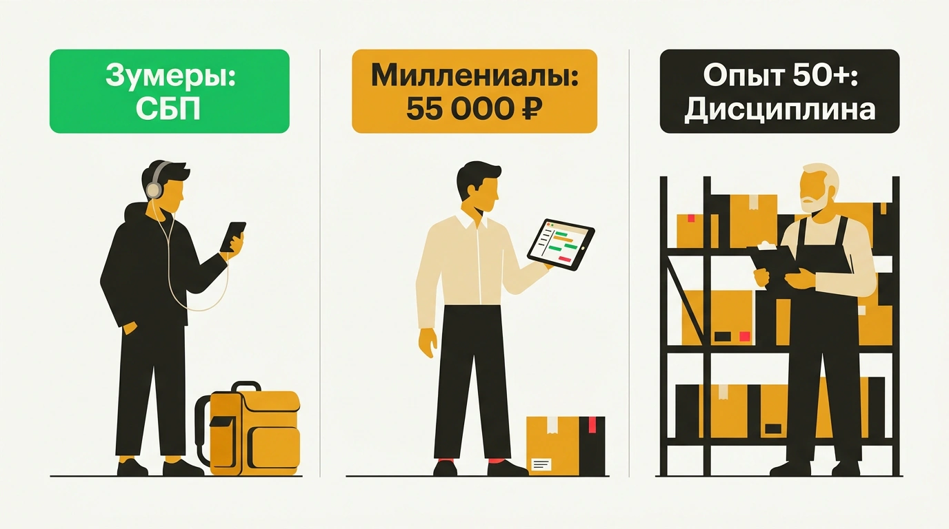 Минималистичная журнальная векторная иллюстрация с тремя символическими фигурами соискателей разных поколений на фоне направлений подработки.