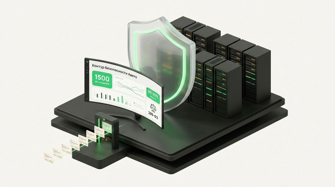 Трехмерная архитектурная изометрия серверного контура безопасности платформы Авито с экраном мониторинга 1500 ML-моделей и защитным щитом.