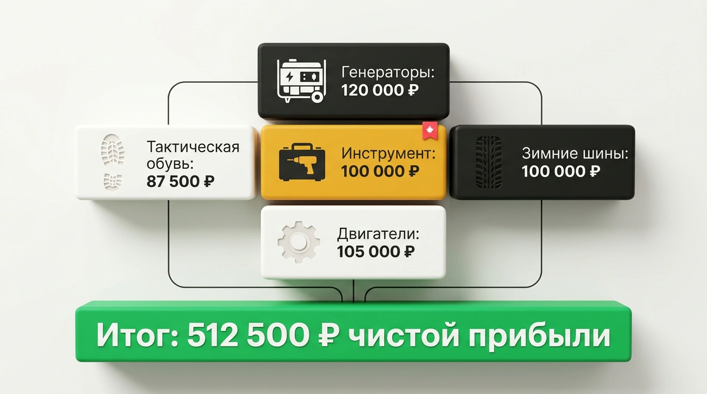 Концептуальная диаграмма товарного портфеля из пяти осенних ниш в виде сбалансированных блоков с итоговой чистой прибылью 512 500 рублей.