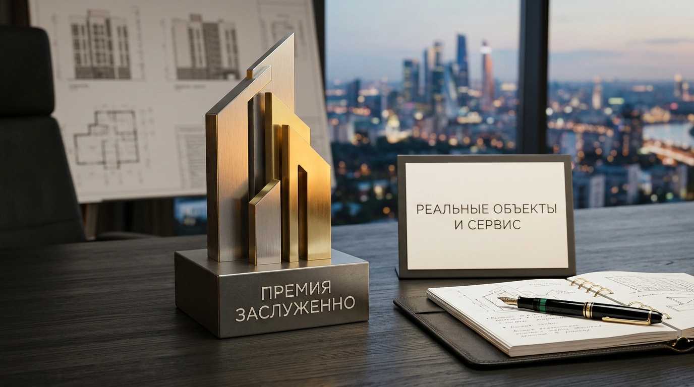 Наградная металлическая статуэтка и лаконичный кубок премии «Заслуженно» на тёмном графитовом столе с золотистым бейджем.