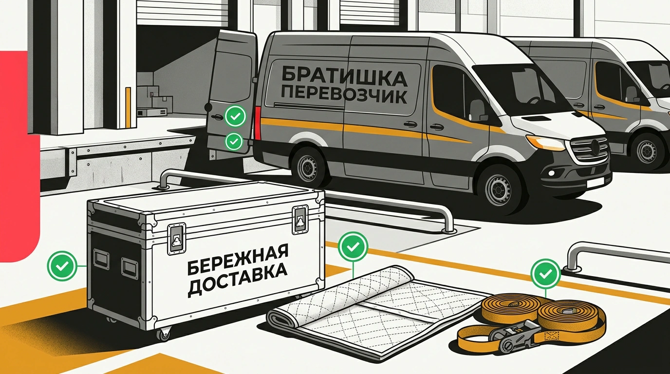 Рабочий натюрморт с автопарком фургонов, защитными кейсами для плазменных экранов и чехлами для мебели.