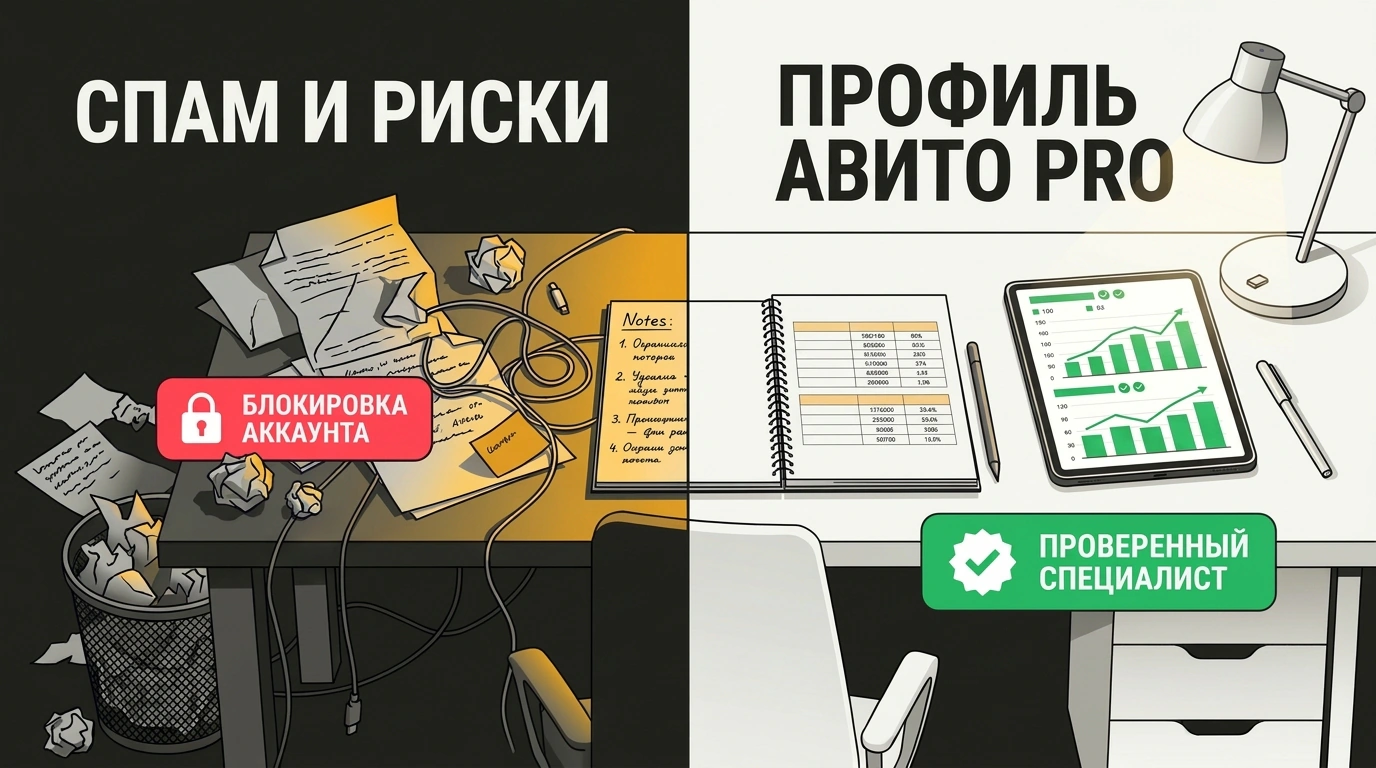 Символический дуэт двух рабочих столов: хаос дилетанта с блокировкой аккаунта против аккуратной витрины профессионала.