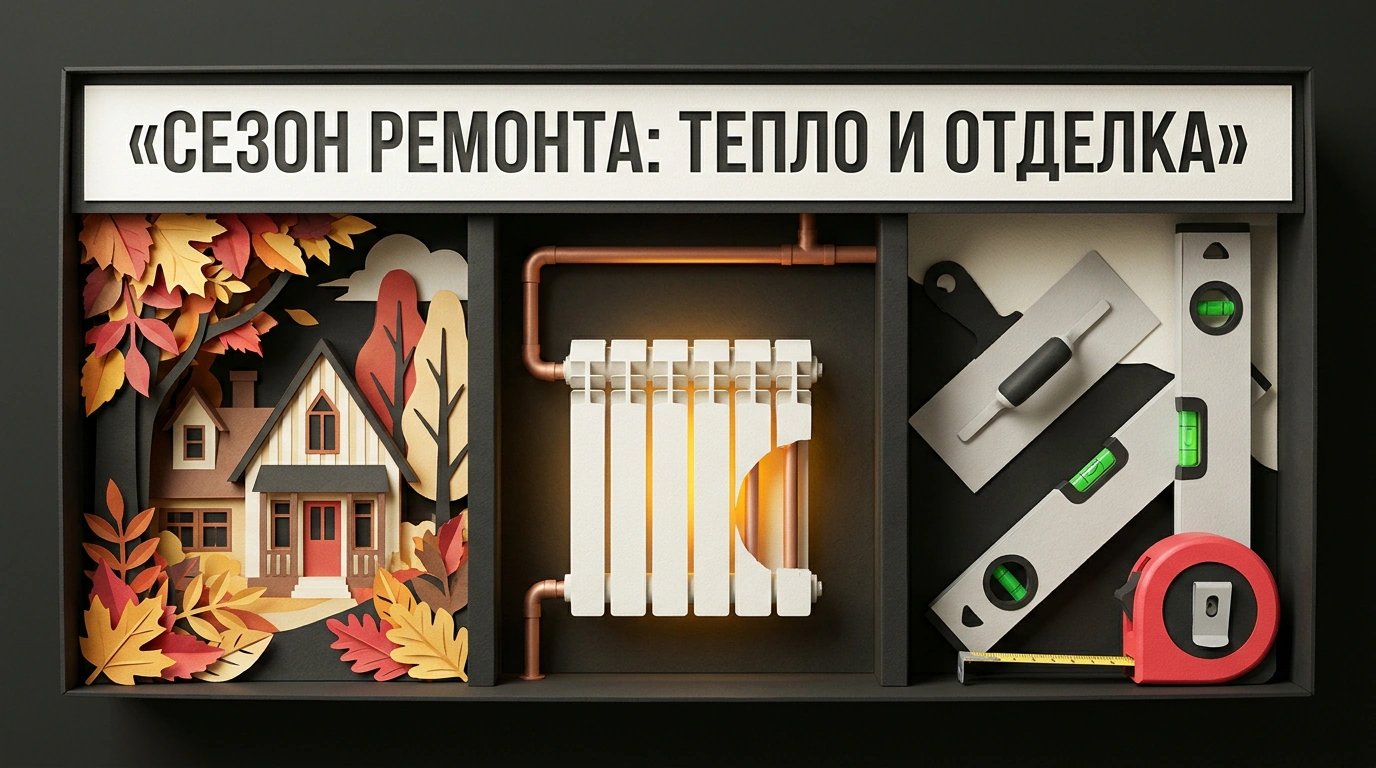 Бумажный коллаж и объёмная панорама сезонного ремонта: монтаж радиатора отопления, отделочные инструменты и загородный дом.