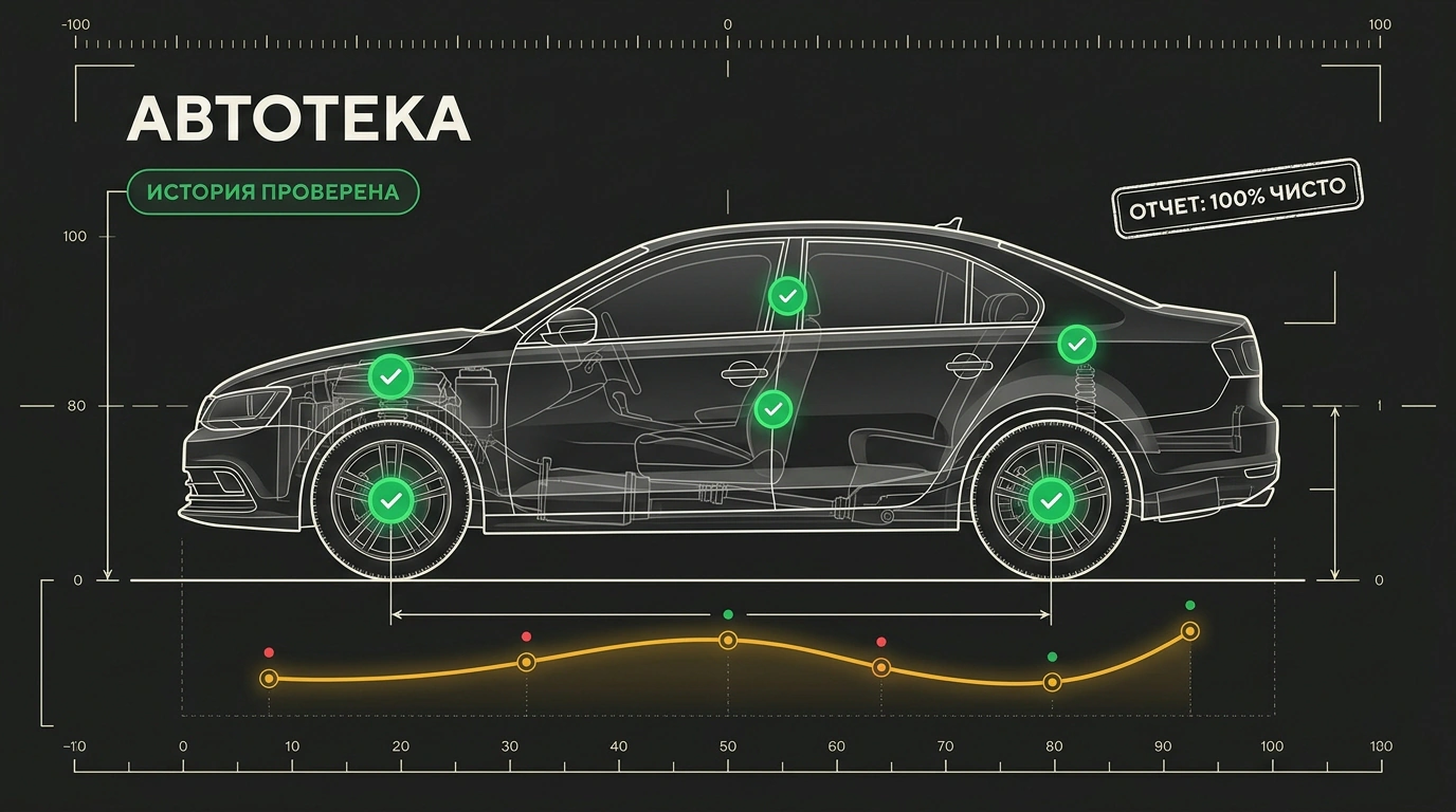 Интерактивный силуэт автомобиля в лучах рентгена с зелёным бейджем юридической чистоты и проверенной истории.