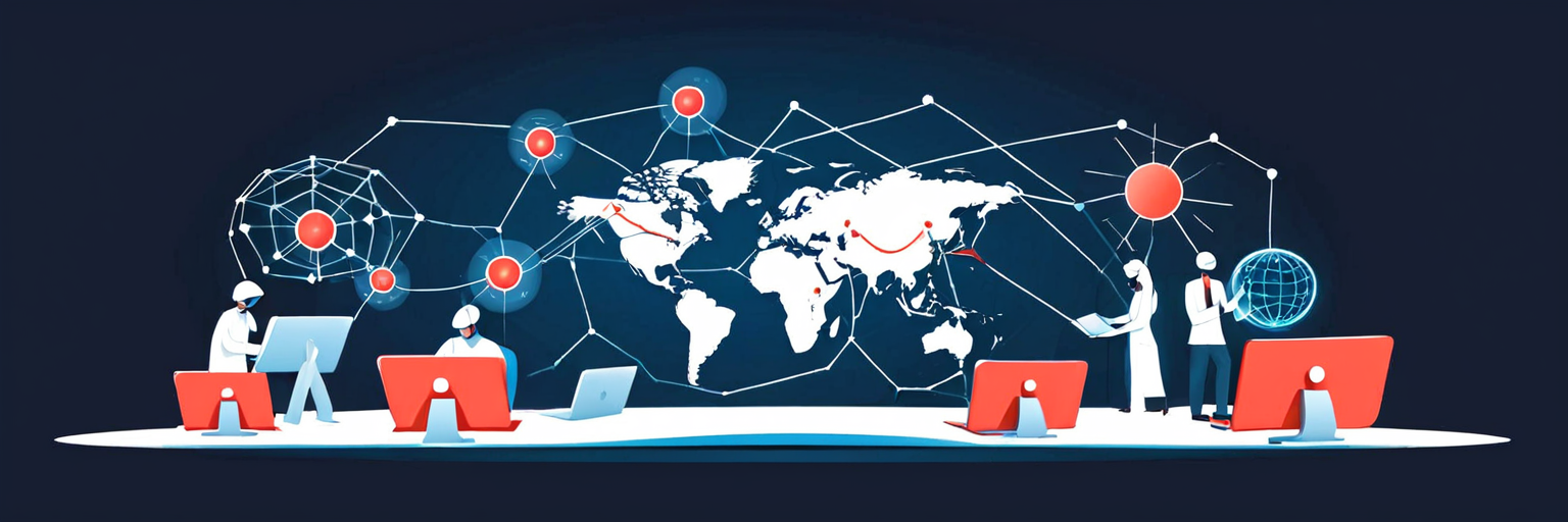 Abstract modern editorial illustration depicting a digital entrepreneur connected to a global international network through glowing AI interface lines, clean futuristic vector style, dark indigo background