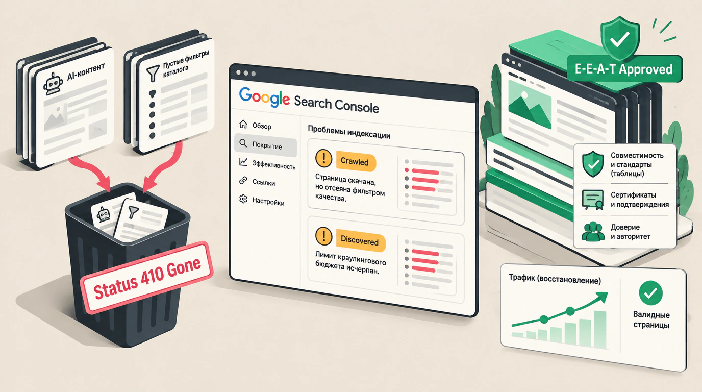 Изометрическая иллюстрация аудита индексации Google: разделение статусов деиндексации Crawled и Discovered, удаление мусорных страниц со статусом 410 и восстановление E-E-A-T.