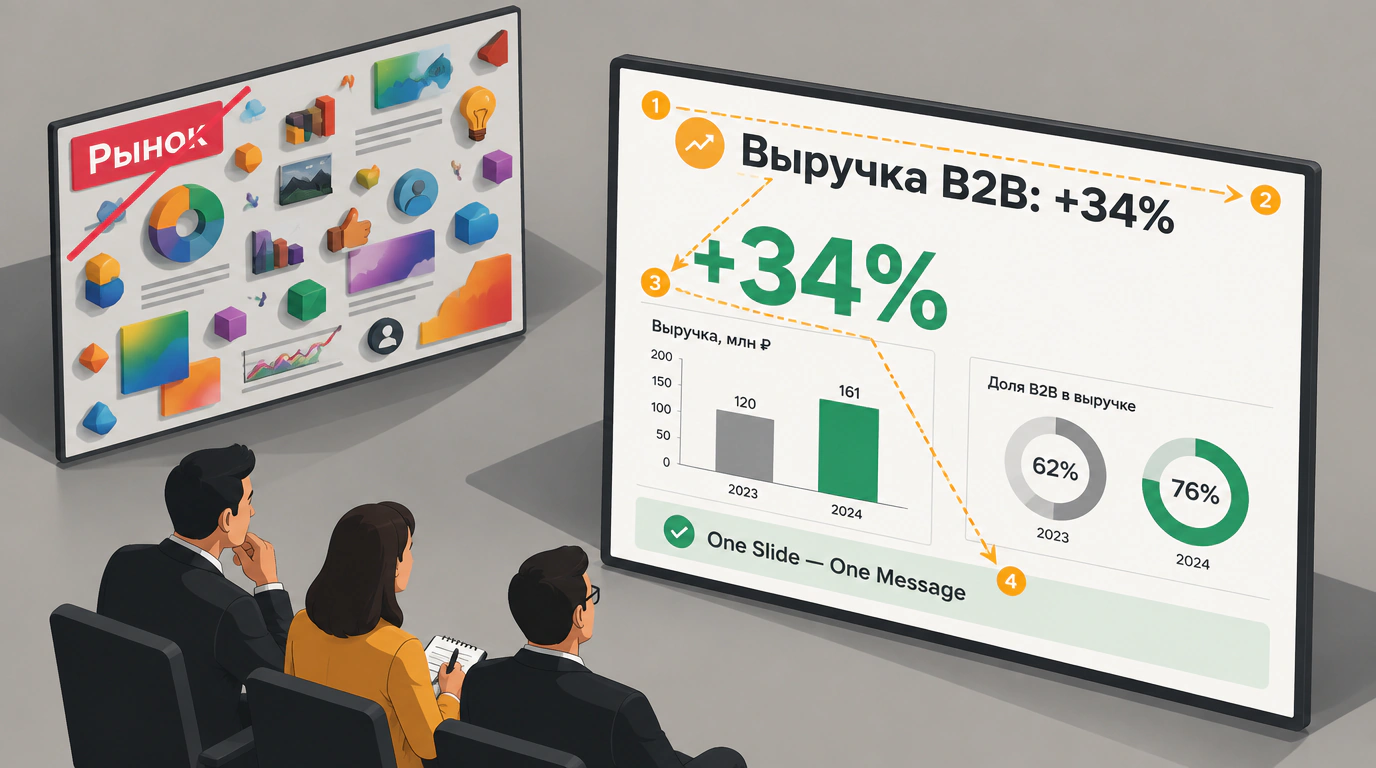 Редакционная иллюстрация визуального аудита презентаций: сопоставление перегруженного декоративного слайда и лаконичного слайда с тезисным заголовком и метрикой.