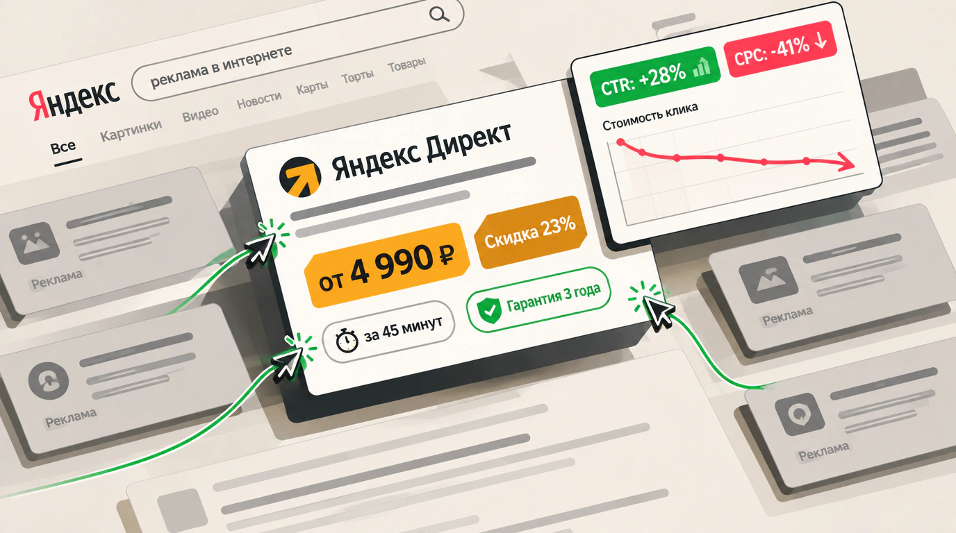 Изометрическая иллюстрация поисковой выдачи Яндекс Директа с доминирующим оцифрованным рекламным блоком, плашками цен, скидок, сроков и метриками кликабельности.