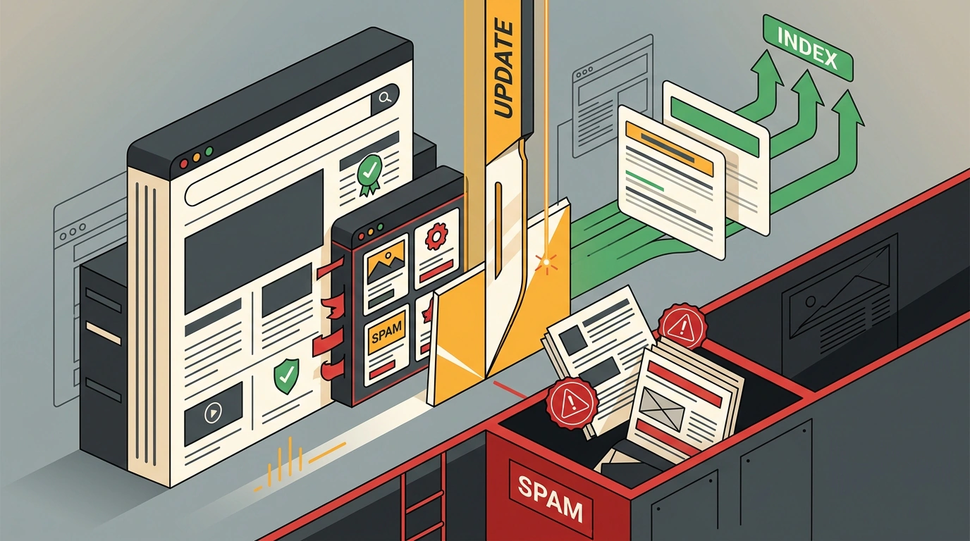 Иллюстрация алгоритмического обновления Google Spam Update: фильтр отсекает сайты-паразиты, накрученную репутацию и спамный ИИ-контент.