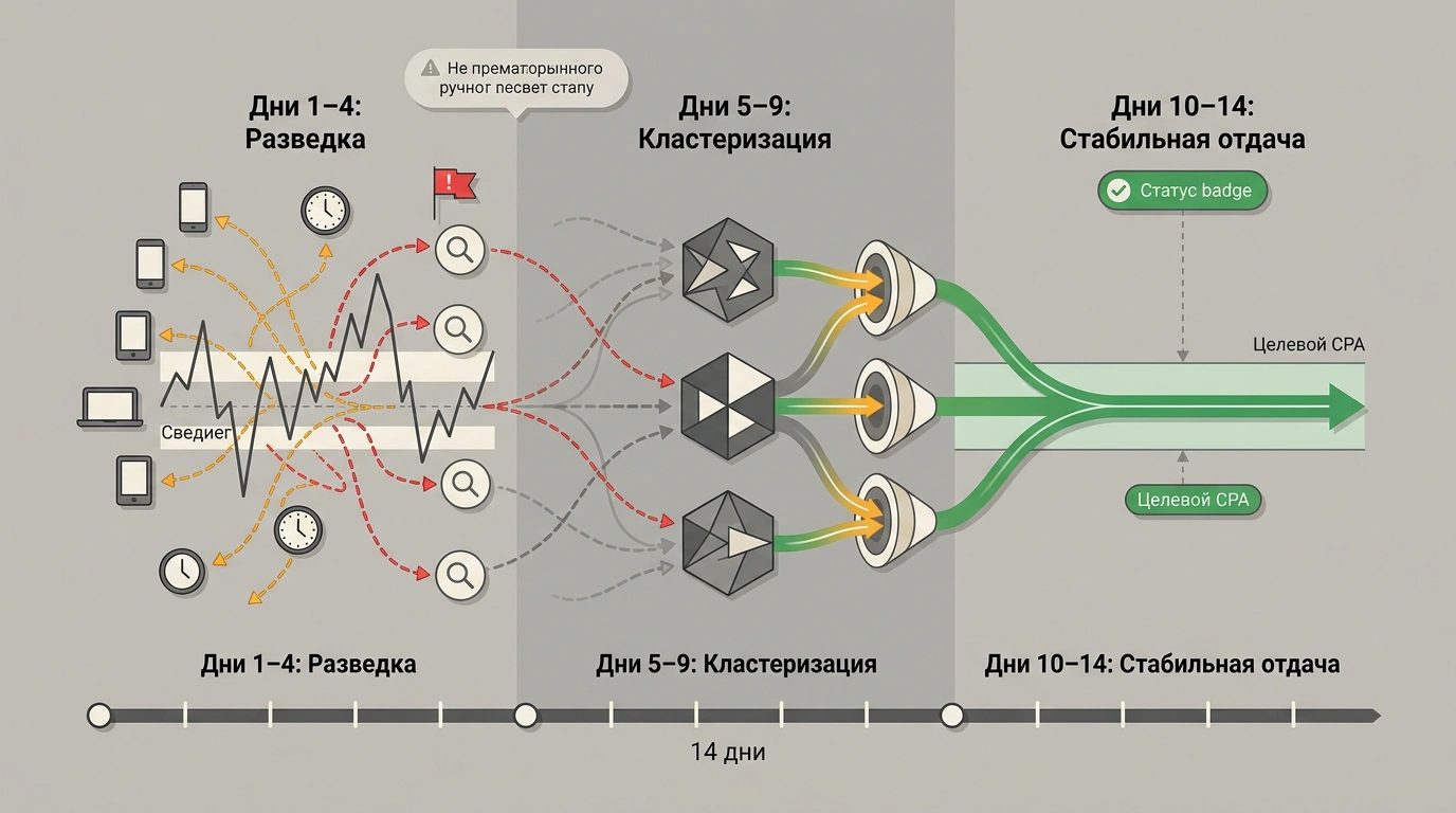 Инфографическая иллюстрация трех фаз калибровки автостратегии за четырнадцать дней: от первичной разведки и группировки признаков до стабилизации стоимости конверсии.
