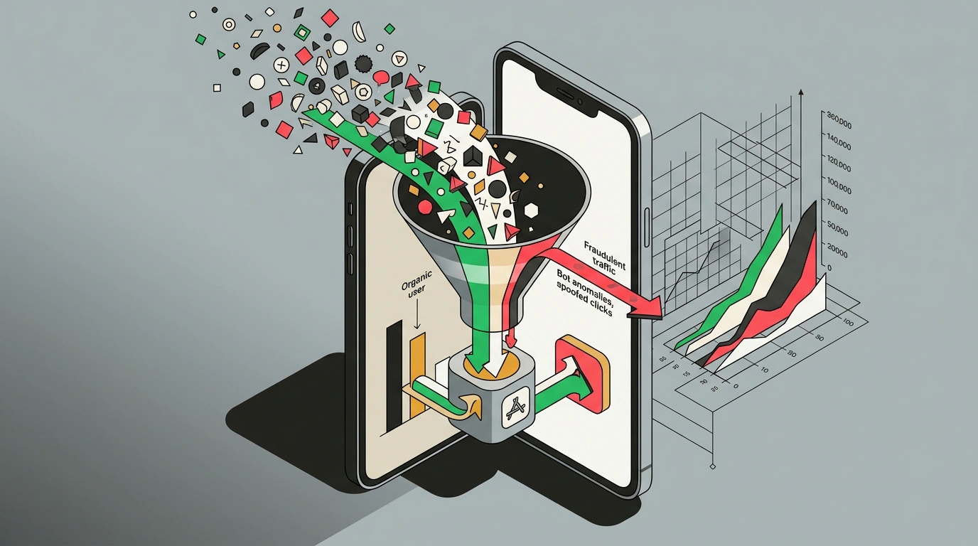 Концептуальная иллюстрация антифрод-аналитики мобильного трафика: разделение реальных установок и бот-трафика без потери конверсий