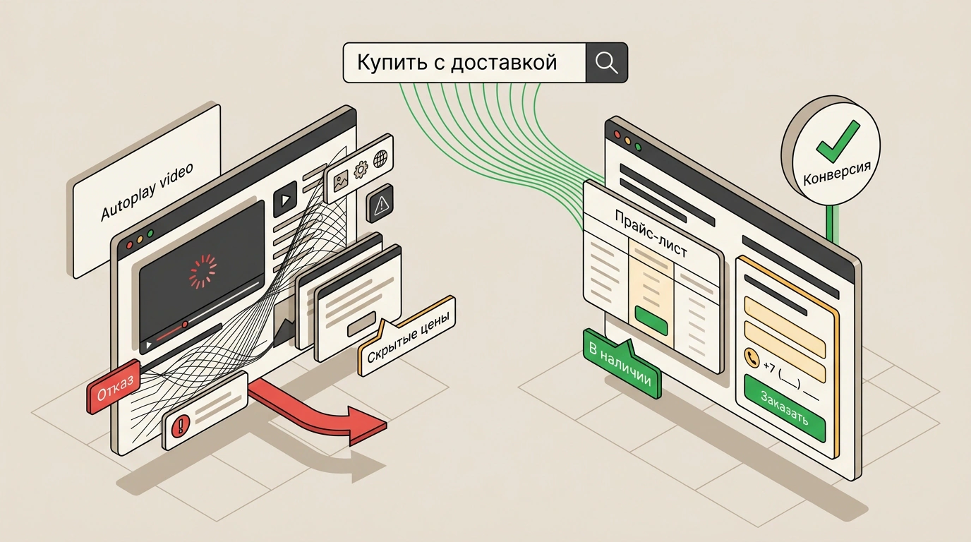 Редакционная иллюстрация: концептуальное сравнение перегруженного модного сайта и простого функционального интерфейса, эффективно конвертирующего рекламный трафик.