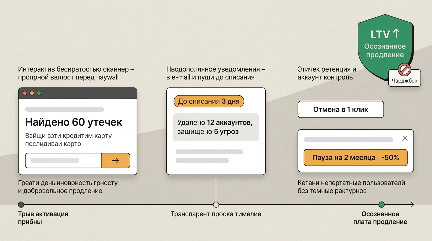 Редакционная иллюстрация: сценарий конвертации триала в платную подписку с честными напоминаниями и простой отменой.