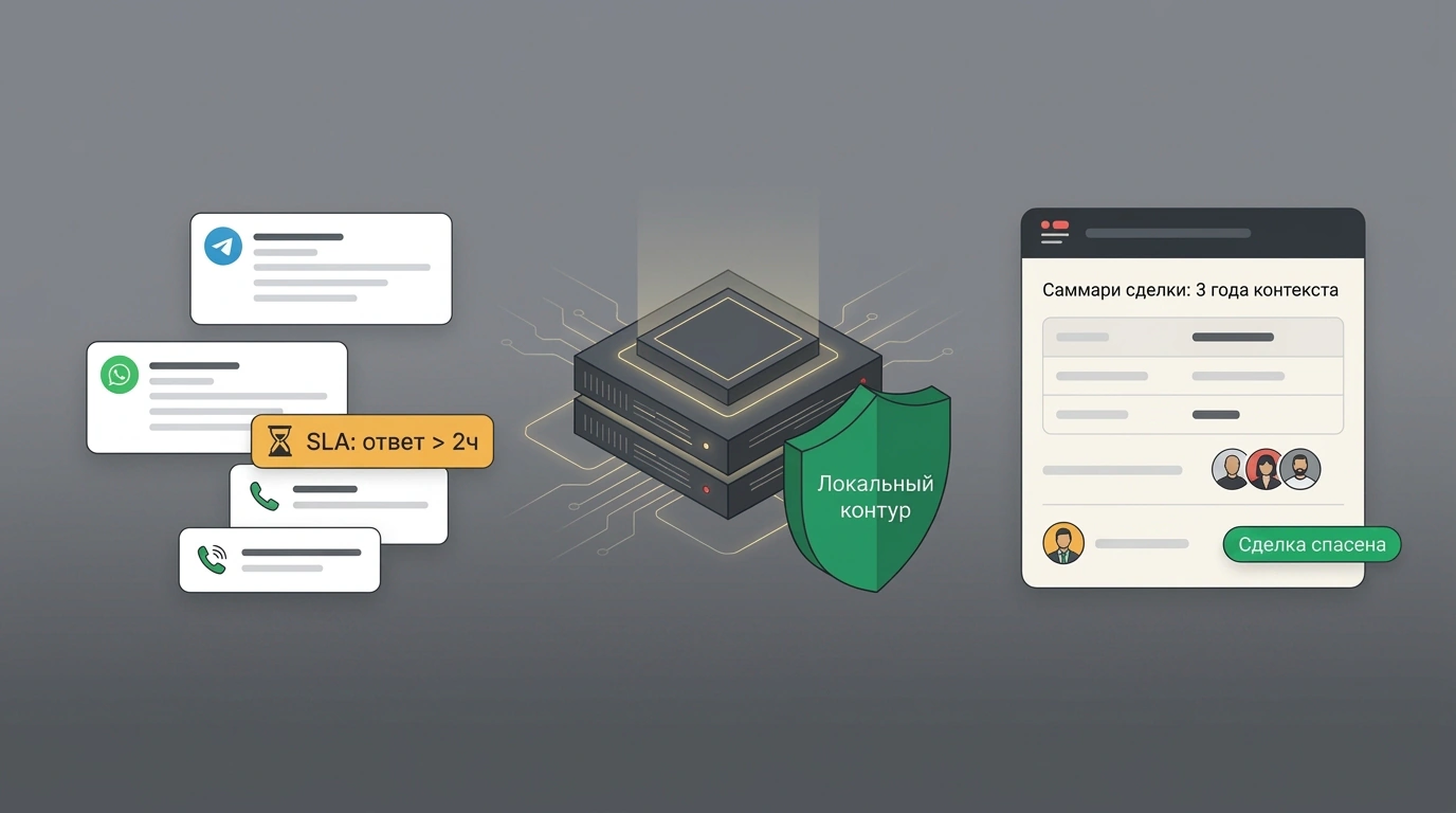 Редакционная иллюстрация: автономный AI-агент Hermes, агрегирующий историю клиентских чатов и предотвращающий потерю сделок.