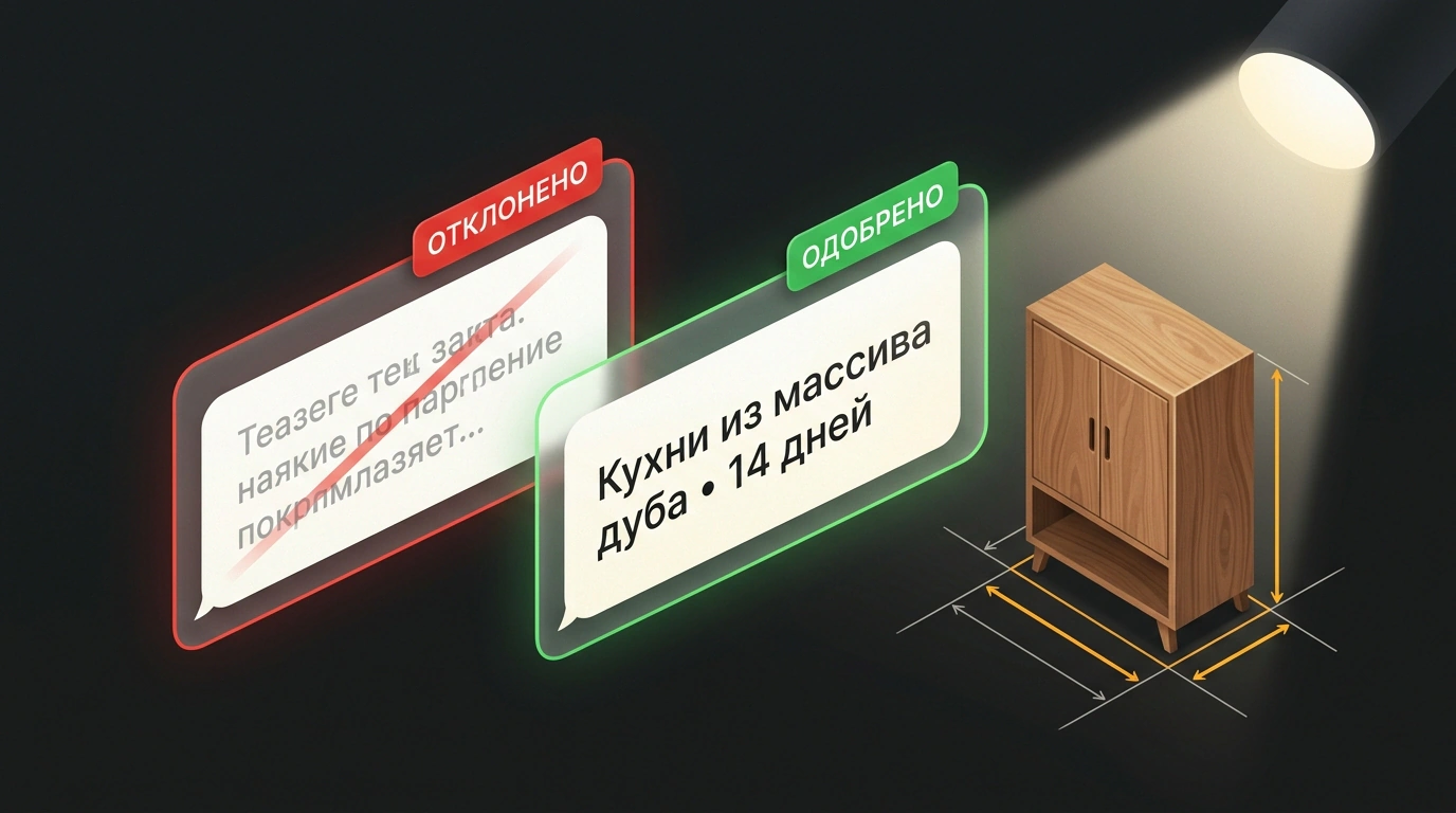 Интерфейс рекламной панели с отклонённым и одобренным объявлением о производстве мебели с бейджами статусов модерации