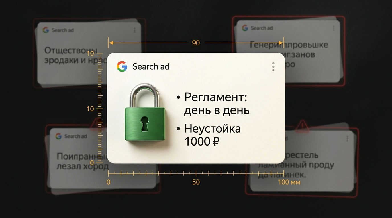 Защищённый рекламный блок поисковой выдачи с замком и производственными регламентами на фоне шаблонных копий