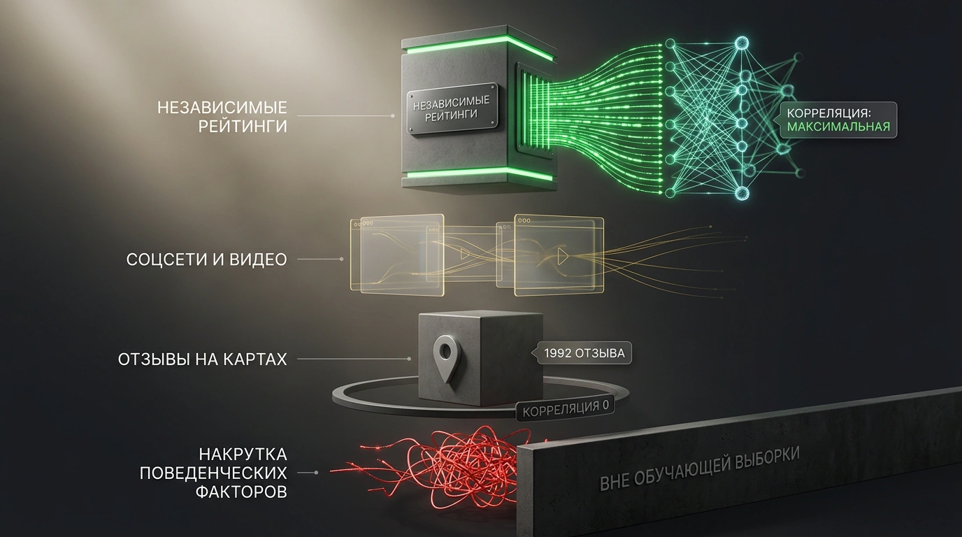 Инфографическая иллюстрация весов ранговой корреляции факторов видимости брендов в языковых моделях.
