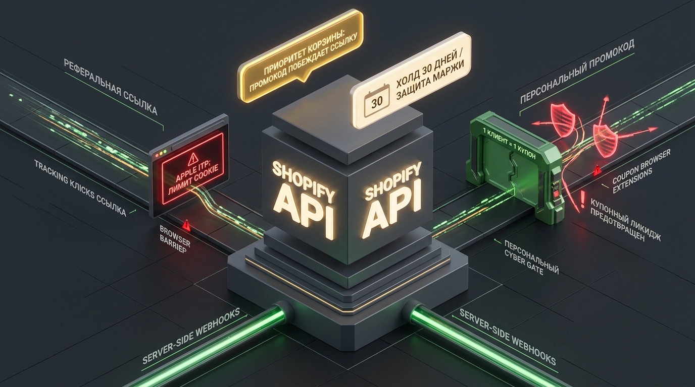 Схема архитектуры сквозного трекинга аффилиатов в Shopify с защитой от потерь и утечек купонов.