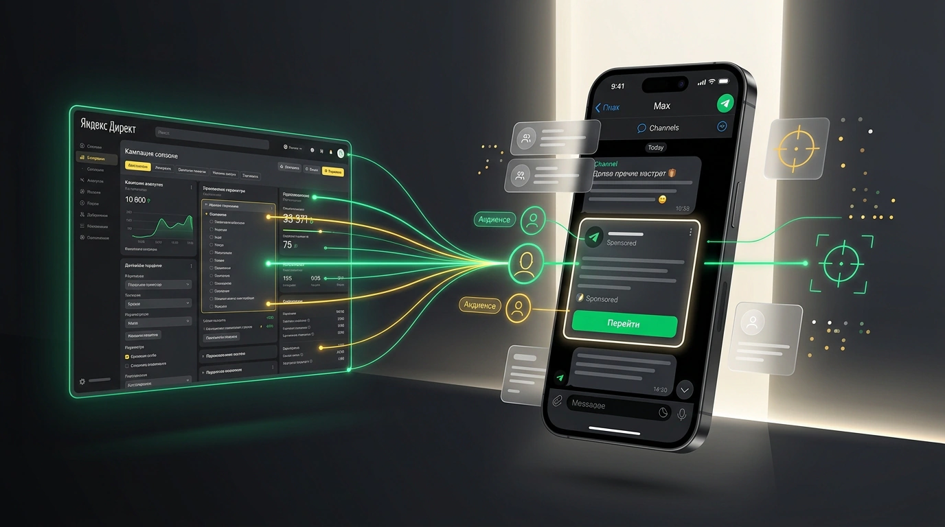 Концептуальная иллюстрация рекламы в мессенджере Max через Яндекс Директ: интерфейс таргетинга и направленные потоки мобильного трафика.